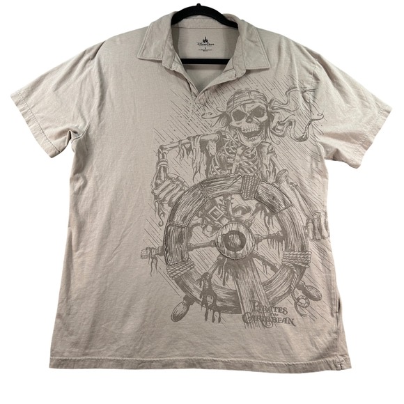 Disney Parks Other - Disney Parks Pirates of the Caribbean Skeleton Graphic Polo Shirt Tan Mens L